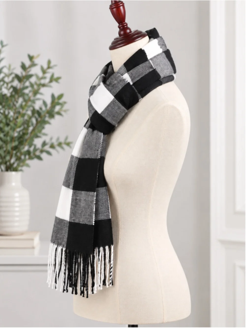 New Black & White Buffalo Plaid Fringe Scarf – Unisex – 72” x 12”